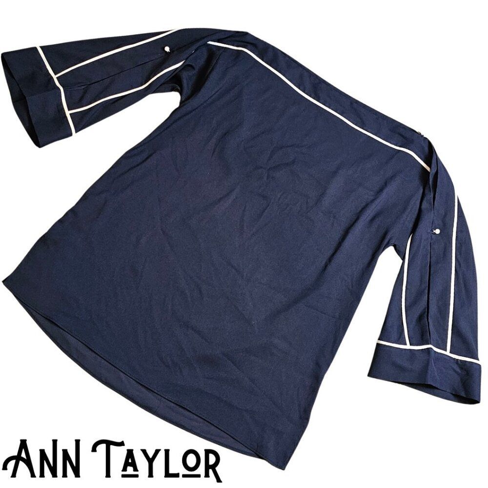 ANN TAYLOR Blouse Navy Officewear Workwear Split Sleeve Retro Nautical Size XS